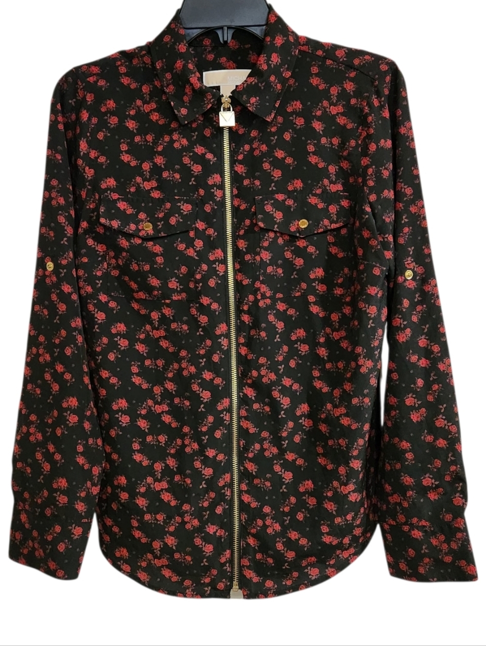 Michael Kors Lock Zip Rose Print Sz S Blouse Roll Tab Long Sleeve Black Red